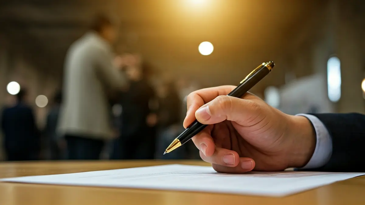 Imaxe xenérica dunha man cun bolígrafo sobre un documento, simbolizando negociación.