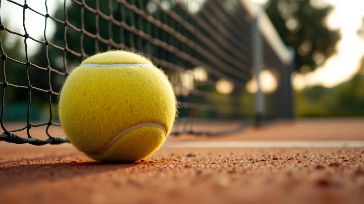 Imaxe xenérica dunha pelota de tenis nunha pista de terra batida.