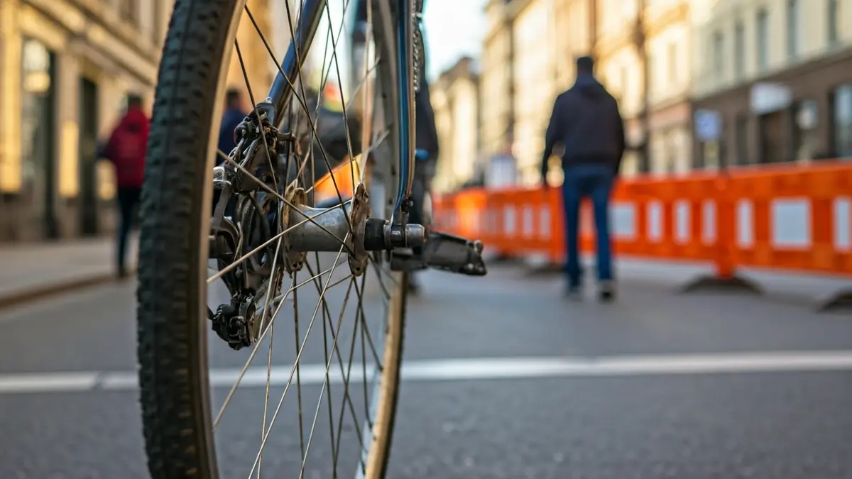 Imaxe xenérica dunha roda de bicicleta e o seu cadro, con barreiras temporais ao fondo.