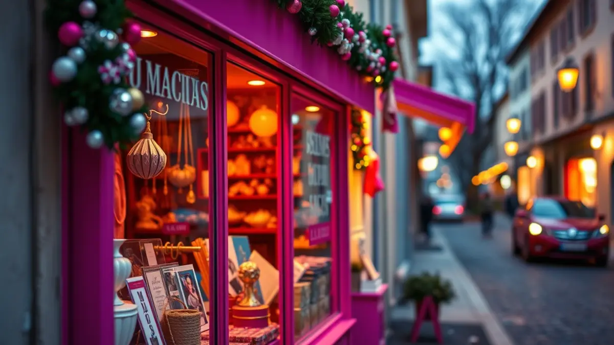 Escaparate de una tienda en Vilalba decorado con motivos fucsias, color distintivo del festival.