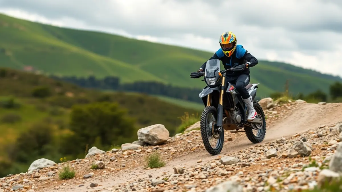 Imaxe xenérica dunha moto de trial en terreo rochoso.