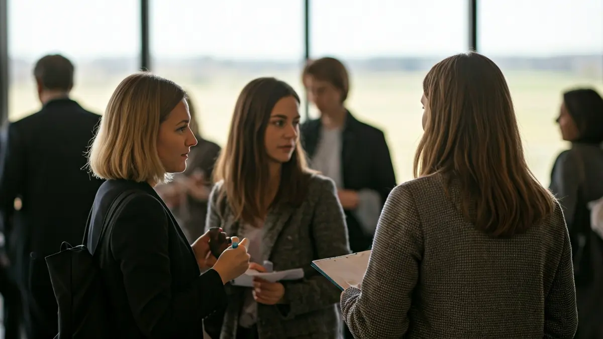 Imagen genérica de mujeres interactuando en un evento profesional, con ambiente rural de fondo.