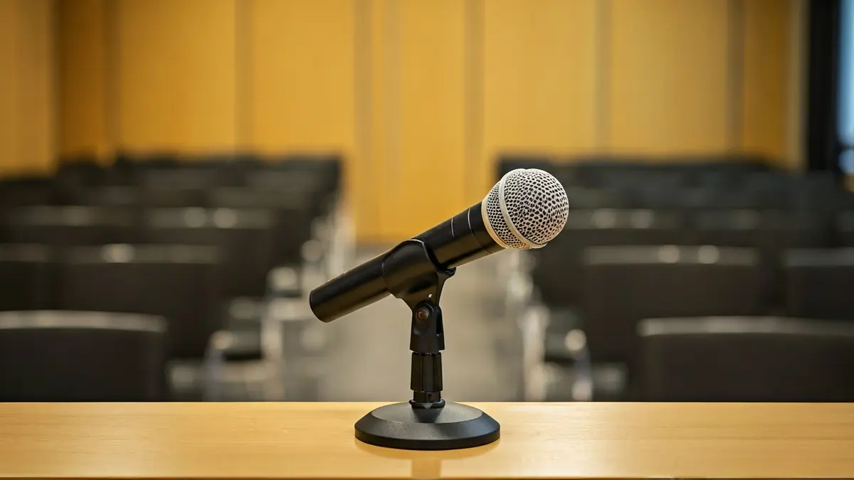 Imagen genérica de un micrófono en un podio en una sala de conferencias.