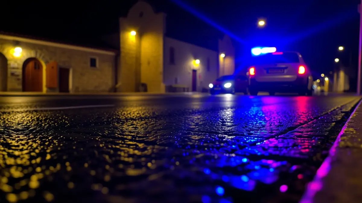 Imaxe xenérica de luces de emerxencia reflectíndose sobre asfalto mollado nunha noite galega.