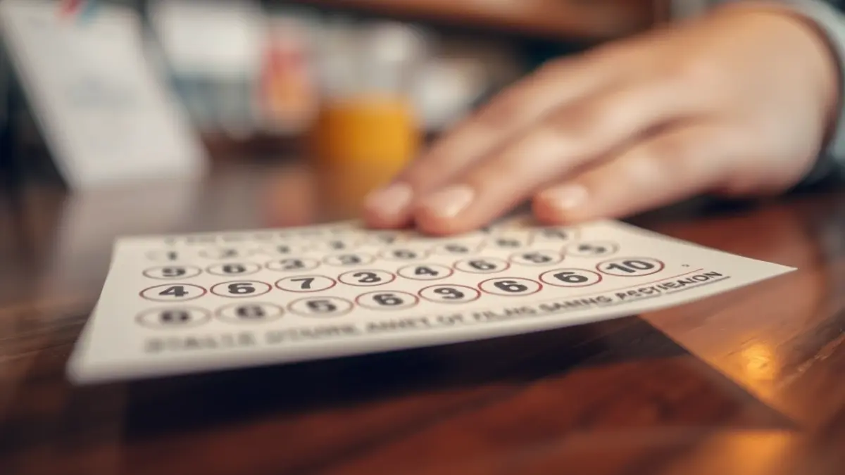Imaxe xenérica dun boleto de lotaría sobre un mostrador de madeira.