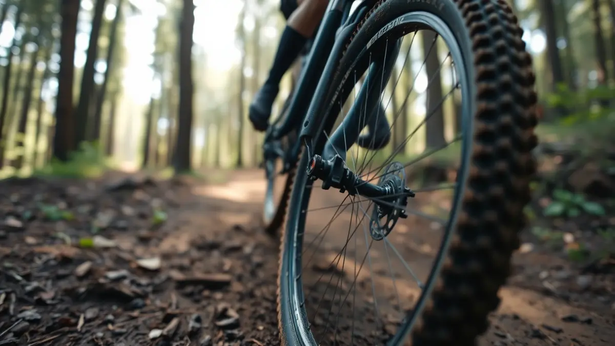 Imagen genérica de una rueda de bicicleta de montaña en un camino de tierra.