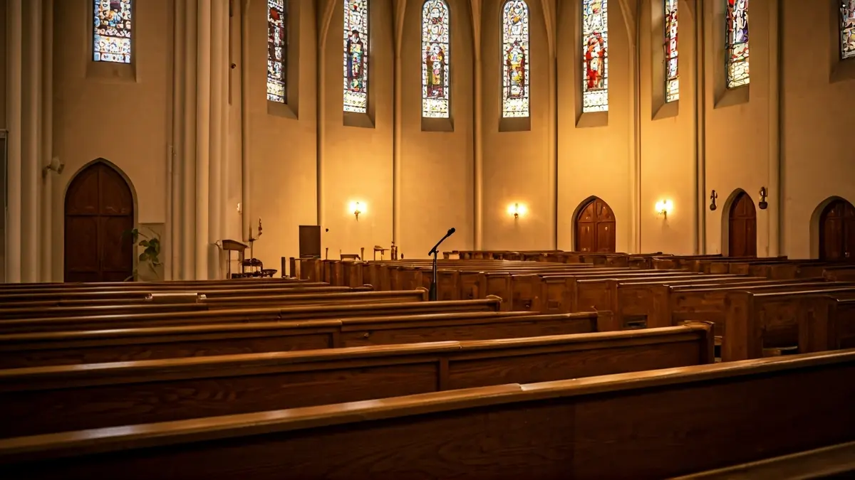 Imaxe xenérica do interior dunha igrexa iluminada, con asentos de madeira e vidreiras.