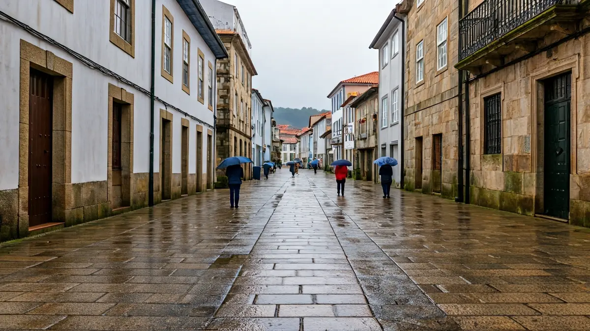 Imaxe dunha rúa de Viveiro nun día nubrado e húmido con paraugas.