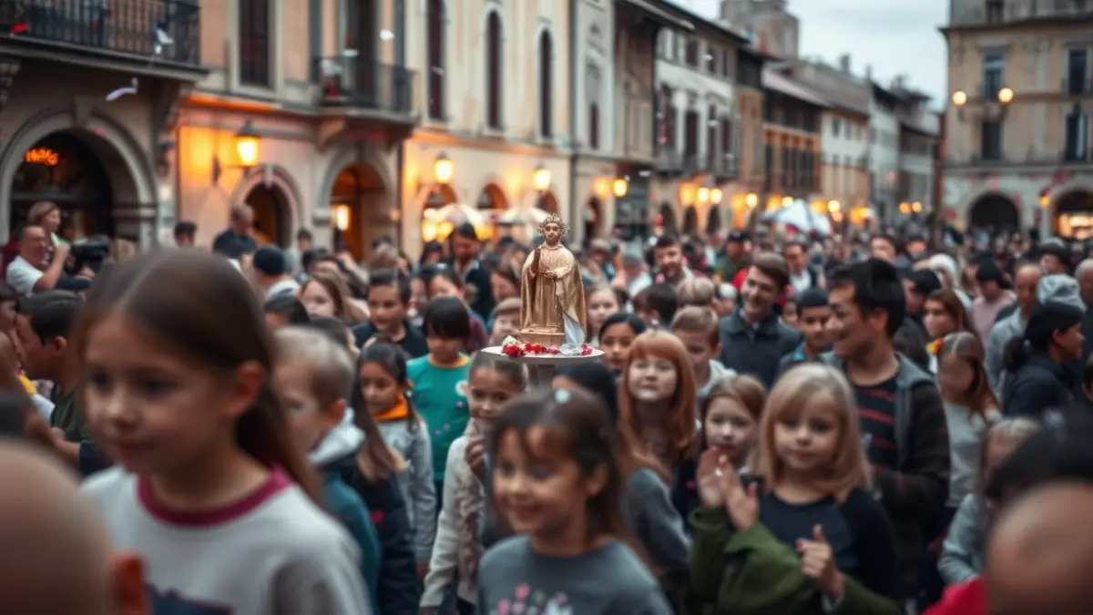 Imaxe xenérica de nenos participando nunha procesión festiva nunha praza histórica.