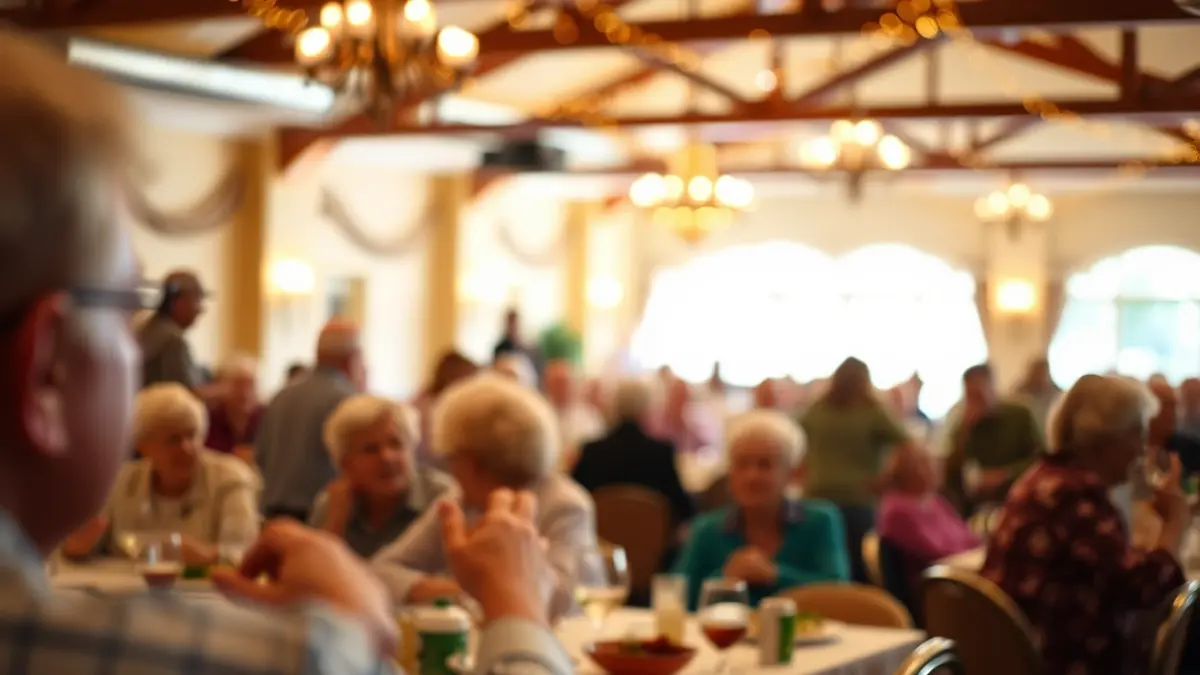 Imagen de una celebración con personas mayores en un salón de eventos.