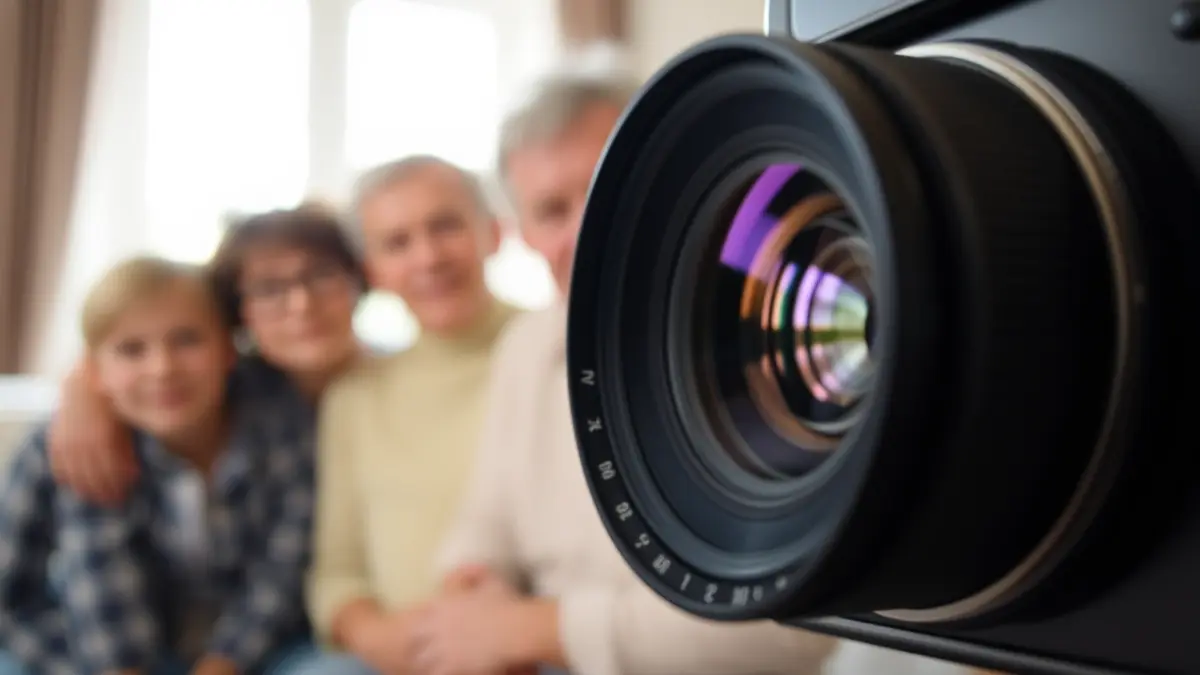 Imaxe dunha cámara de fotos antiga, con fondo borroso dunha sesión de fotos familiar.