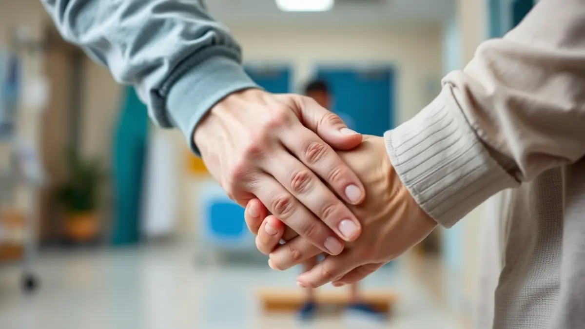 Imaxe xenérica de mans entrelazadas nun ambiente hospitalario, simbolizando compañía e apoio.