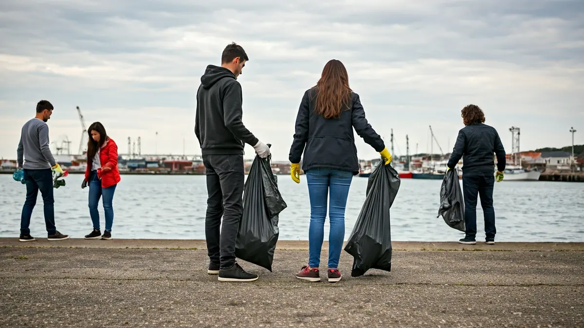 Voluntarios recollendo residuos nun porto.