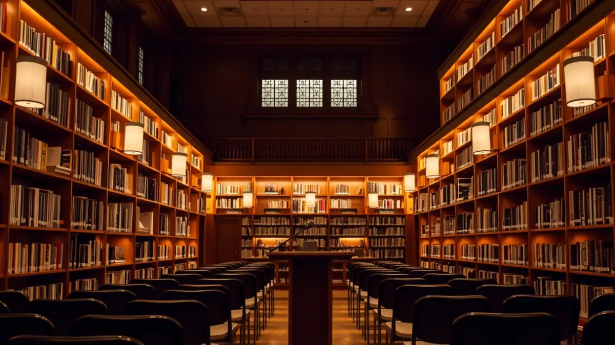 Imaxe xenérica dunha biblioteca con estantes de madeira e un podio con micrófono.