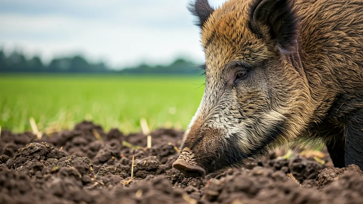 Imaxe dun xabaril fozando na terra, con pasto verde ao fondo.
