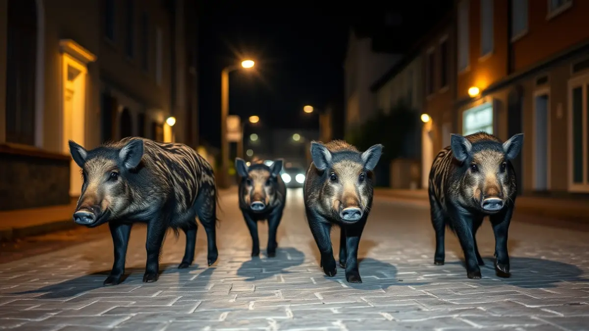 Imaxe de xabarís camiñando por unha rúa de noite.