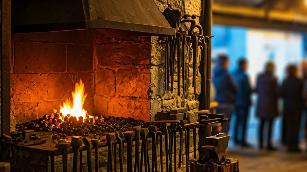 Imaxe dunha forxa tradicional galega, con ferramentas de ferro e o lume aceso.