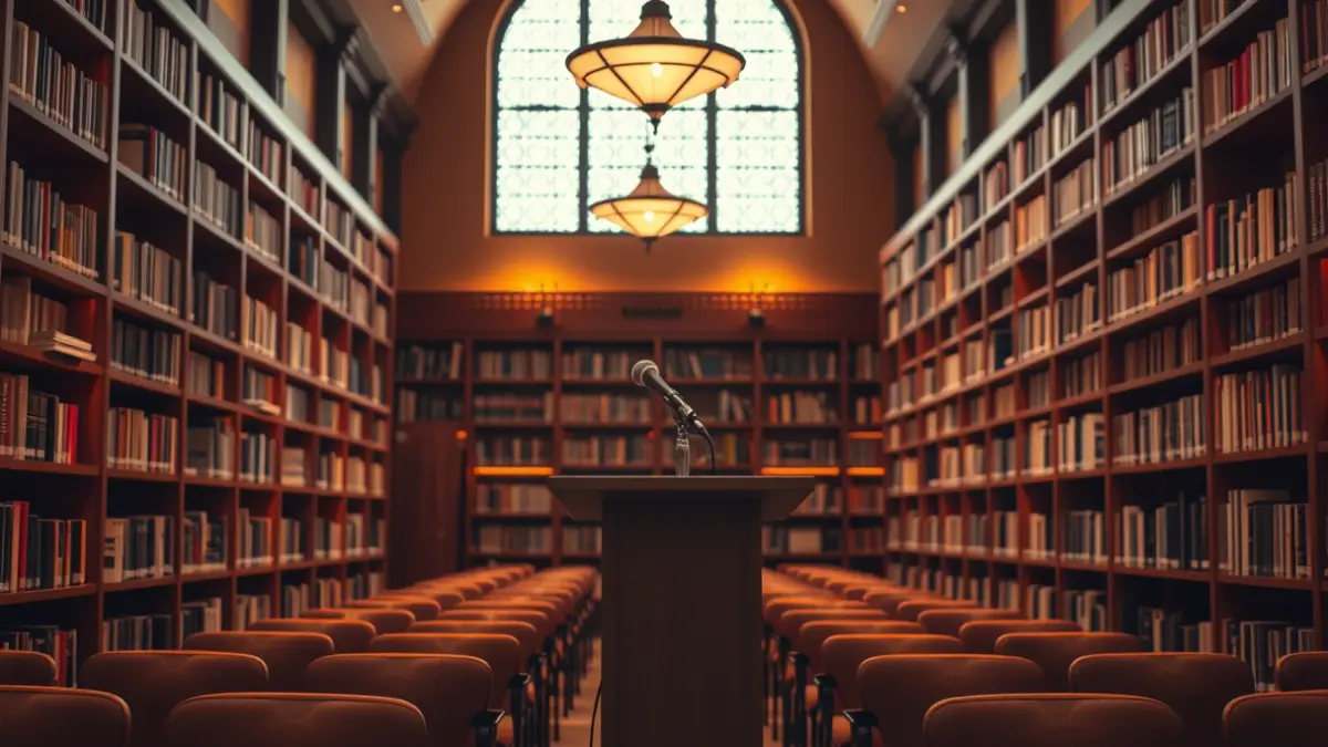 Imaxe xenérica dunha biblioteca con estantes de madeira e un micrófono nun podio, suxerindo un evento cultural ou presentación de libro.