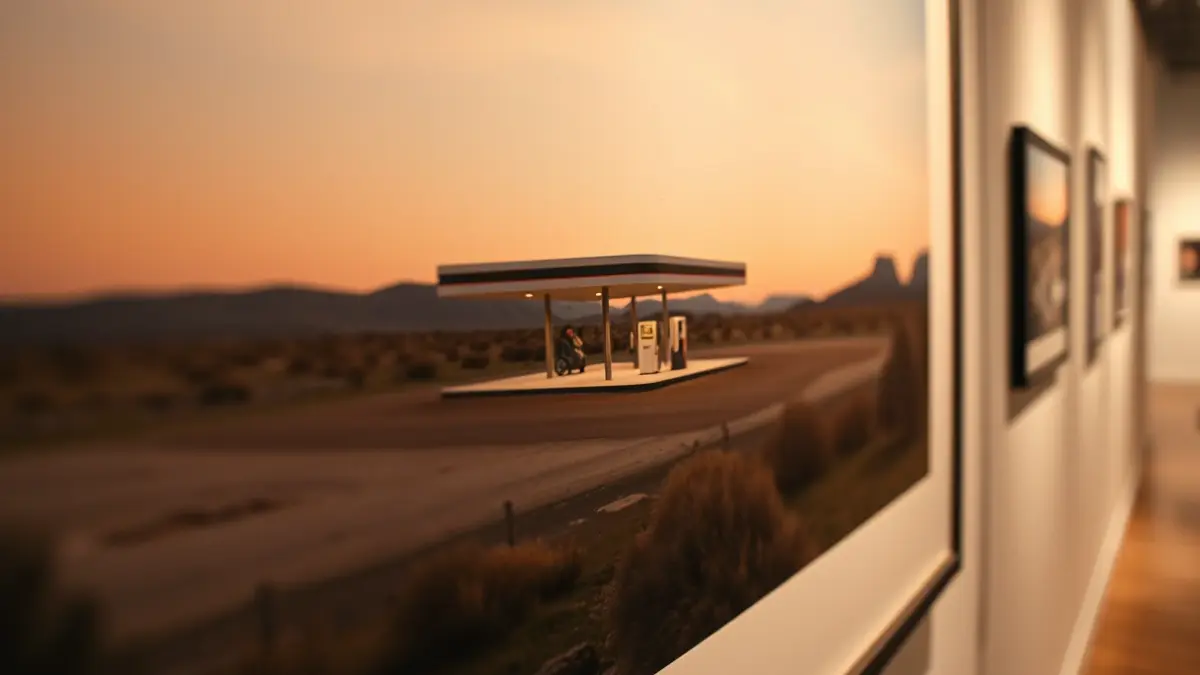 Imaxe dunha fotografía artística dunha gasolineira nunha paisaxe desértica, exposta nunha galería.