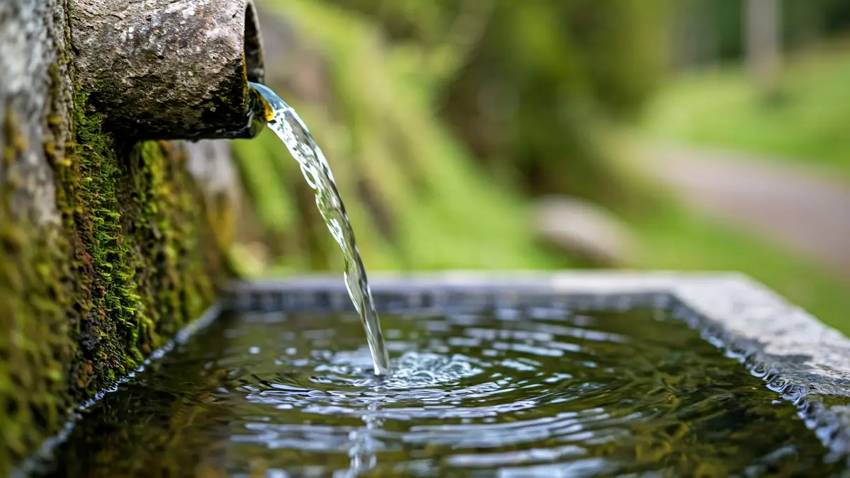 Imaxe xenérica de auga fresca fluíndo dun manancial nunha paisaxe rural galega.