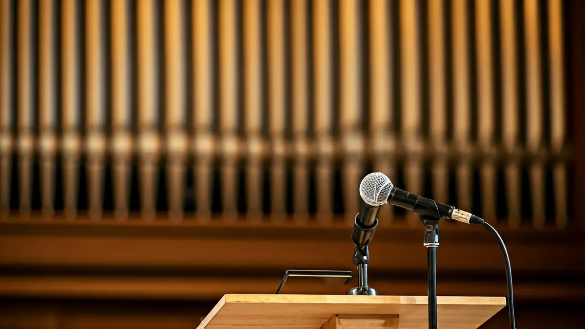 Imagen de un micrófono en un podio en una iglesia, con tubos de órgano históricos al fondo.