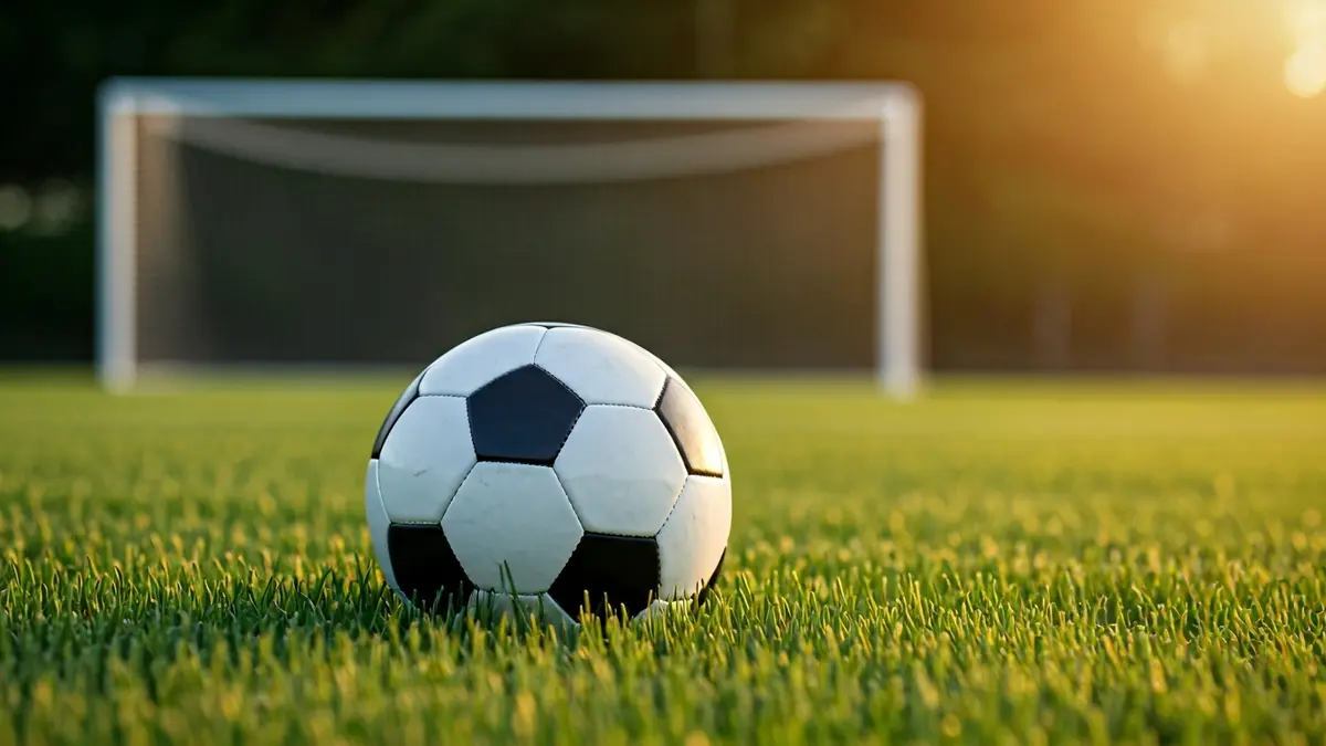Imaxe xenérica dun balón de fútbol sobre a herba dun campo, coa portería difuminada ao fondo.