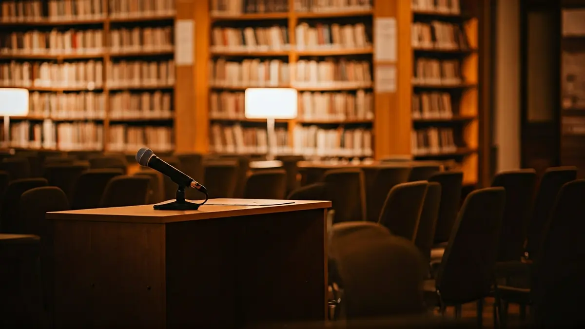 Imaxe xenérica dunha sala de exposicións ou biblioteca con ambiente cálido.