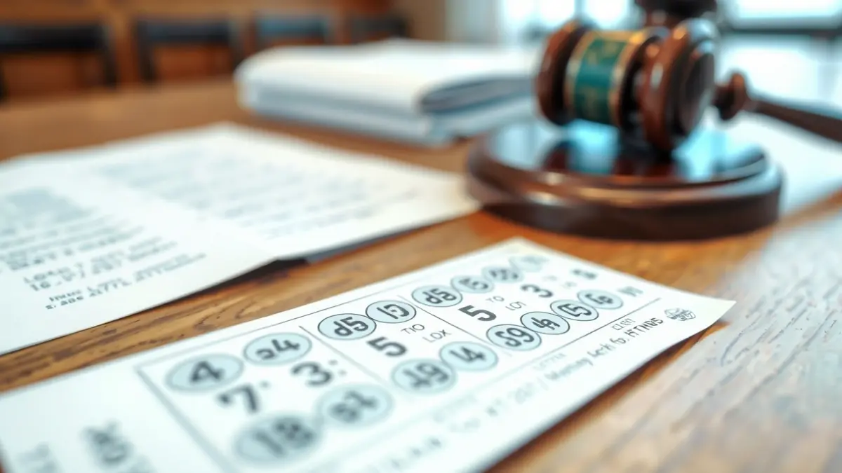 Imaxe dun boleto de lotería sobre unha mesa de madeira, con documentos legais ao fondo.