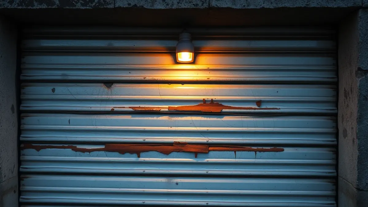 Imagen de una puerta de garaje metálica dañada, en un contexto rural gallego.