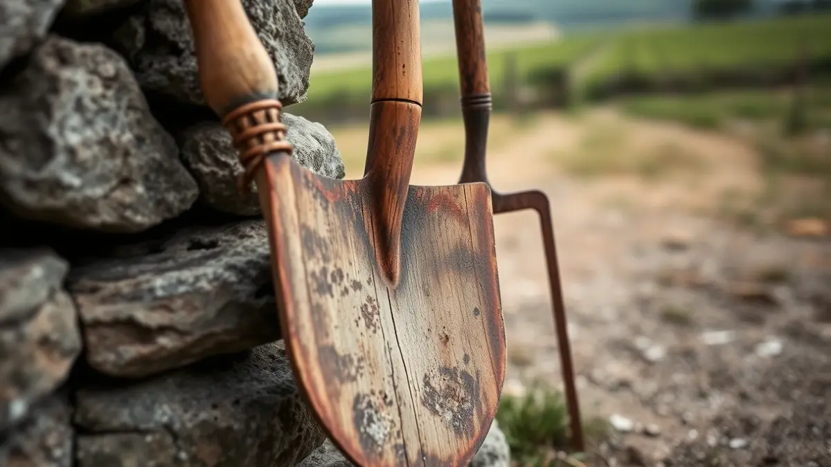 Imagen de una pala y una azada, herramientas agrícolas.