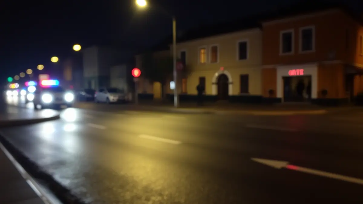 Imaxe xenérica de luces de emerxencia reflectidas sobre asfalto mollado pola noite.