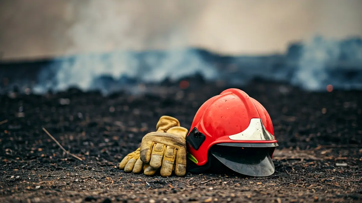 Imaxe xenérica dun casco e luvas de brigadista no chan tras un incendio forestal.