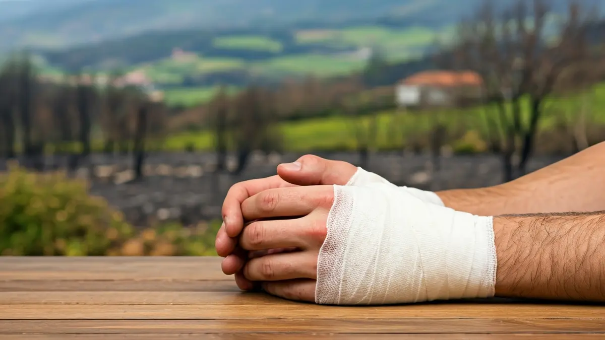 Imagen de unas manos heridas y vendadas, símbolo de recuperación tras un incendio.