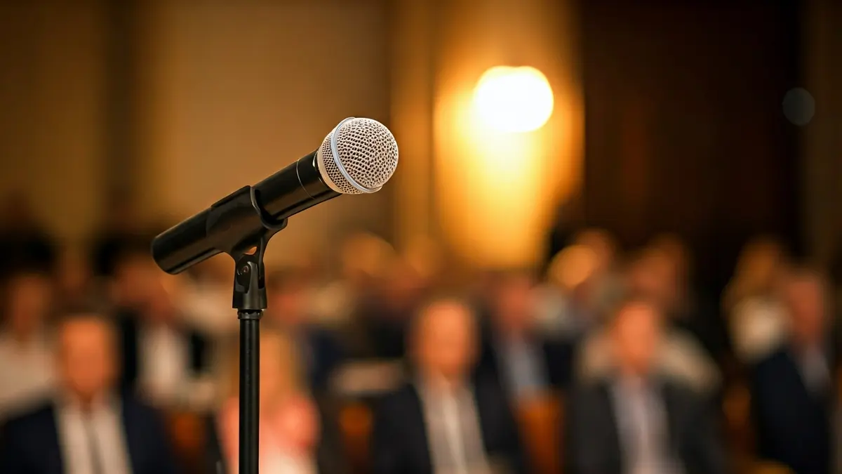 Imaxe xenérica dun micrófono nun atril, simbolizando un acto político ou declaracións públicas.