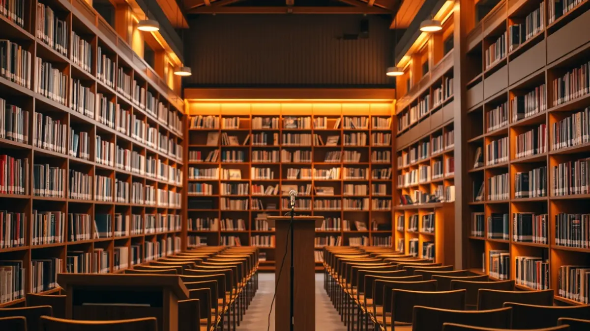 Imaxe xenérica dunha sala de presentacións ou biblioteca, con estantes de madeira e un micrófono nun atril.