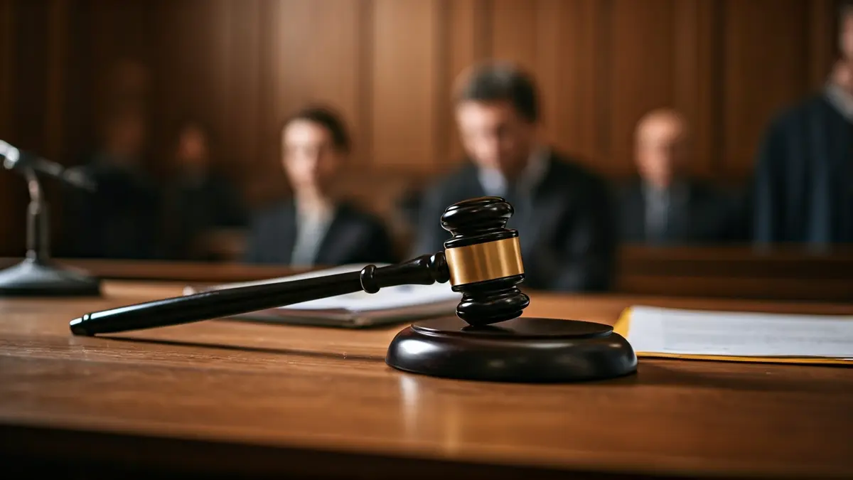 Imaxe xenérica dun mazo de xuíz sobre unha mesa de madeira nun xulgado.