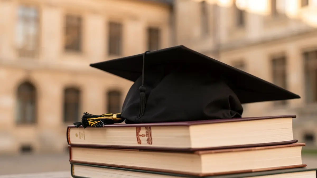 Imaxe xenérica dun birrete de graduación sobre libros.