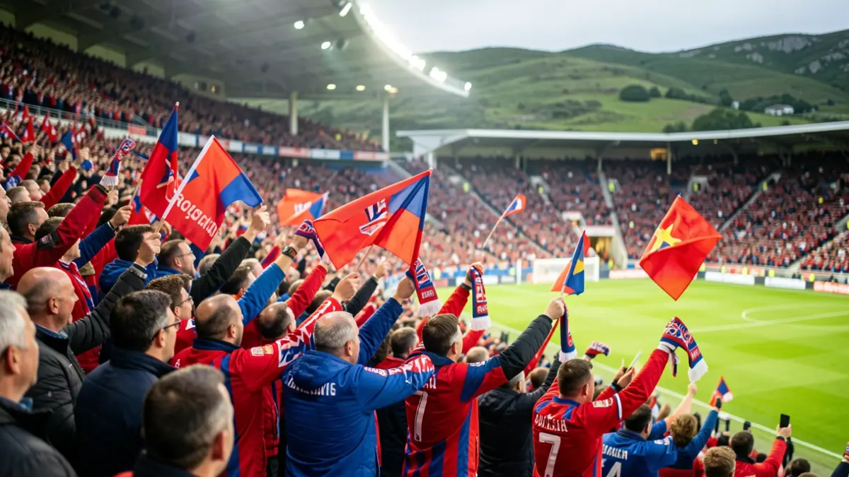Imagen genérica de un estadio de fútbol lleno de aficionados con los colores del equipo, banderas y bufandas.