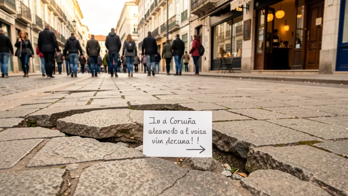 Un cartel sobre unha beirarrúa rota na Coruña que fai publicidade dun café.