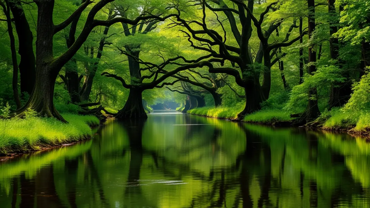 Imaxe dun río tranquilo fluíndo por un bosque verde exuberante na comarca de O Eume.