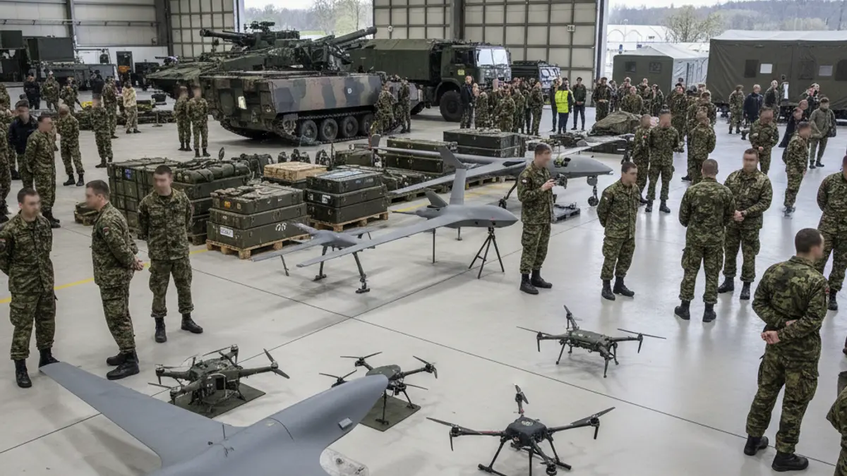 Membros do exército observando equipamento militar e drons nunha exposición.