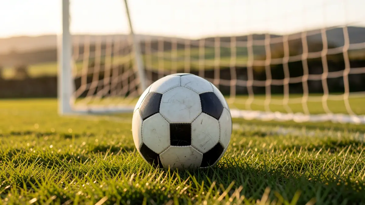 Imagen genérica de un balón de fútbol sobre césped con red de fondo.