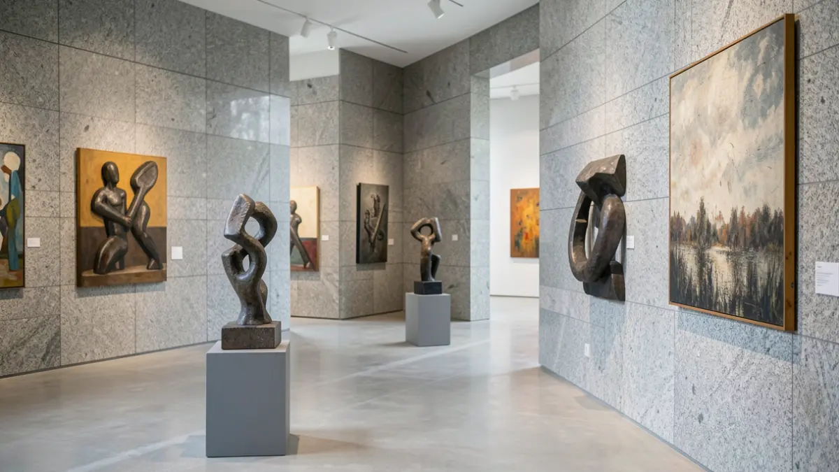Imaxe xenérica dunha sala de exposicións de arte contemporánea en Galicia con esculturas e pinturas.