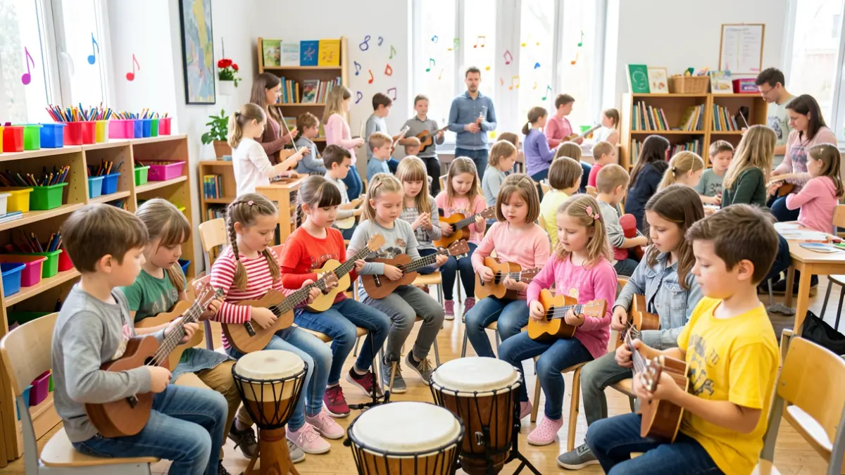Nenos e nenas participando nun obradoiro musical con instrumentos e materiais creativos.