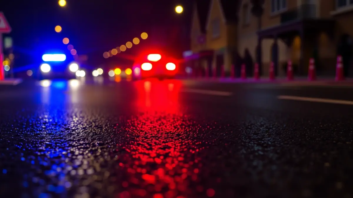 Imagen genérica de luces de emergencia reflejándose sobre asfalto mojado.