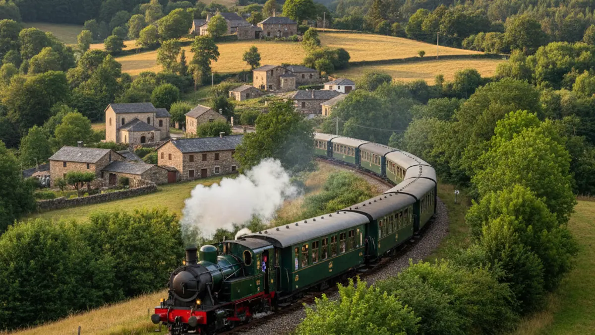 Imaxe dun tren turístico histórico percorrendo unha paisaxe galega.