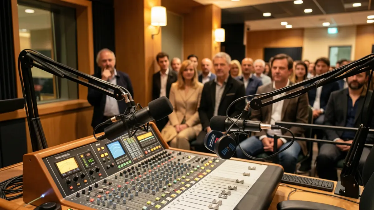 Imagen genérica de un estudio de radio con micrófonos y equipo de sonido.