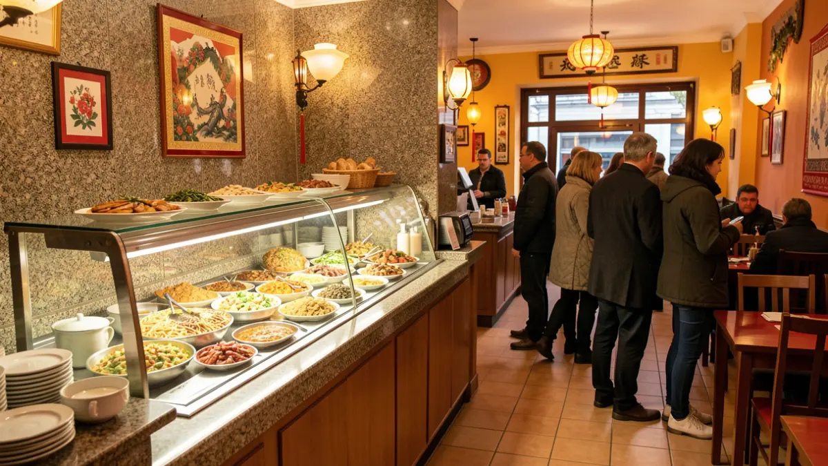 Interior dun restaurante chinés con buffet libre en Galicia.