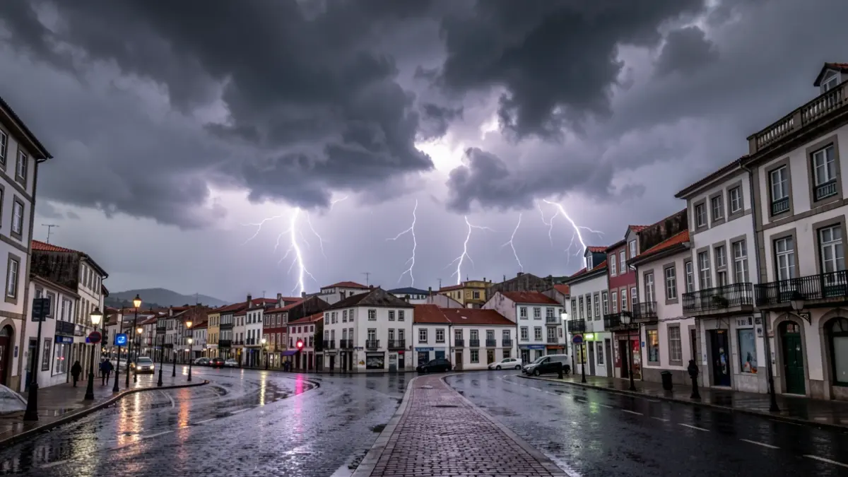 Imaxe dunha tormenta sobre a cidade da Coruña con raios e rúas molladas.