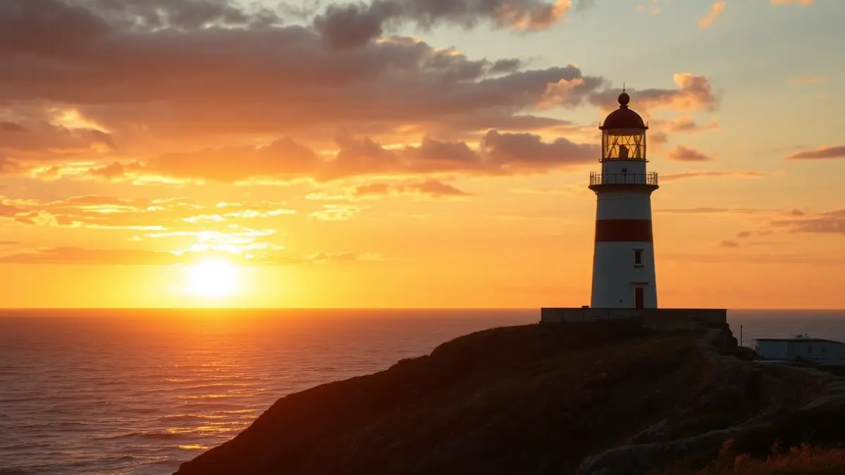 Imaxe dun faro histórico na costa da Coruña ao solpor, co sol parcialmente oculto polo horizonte.